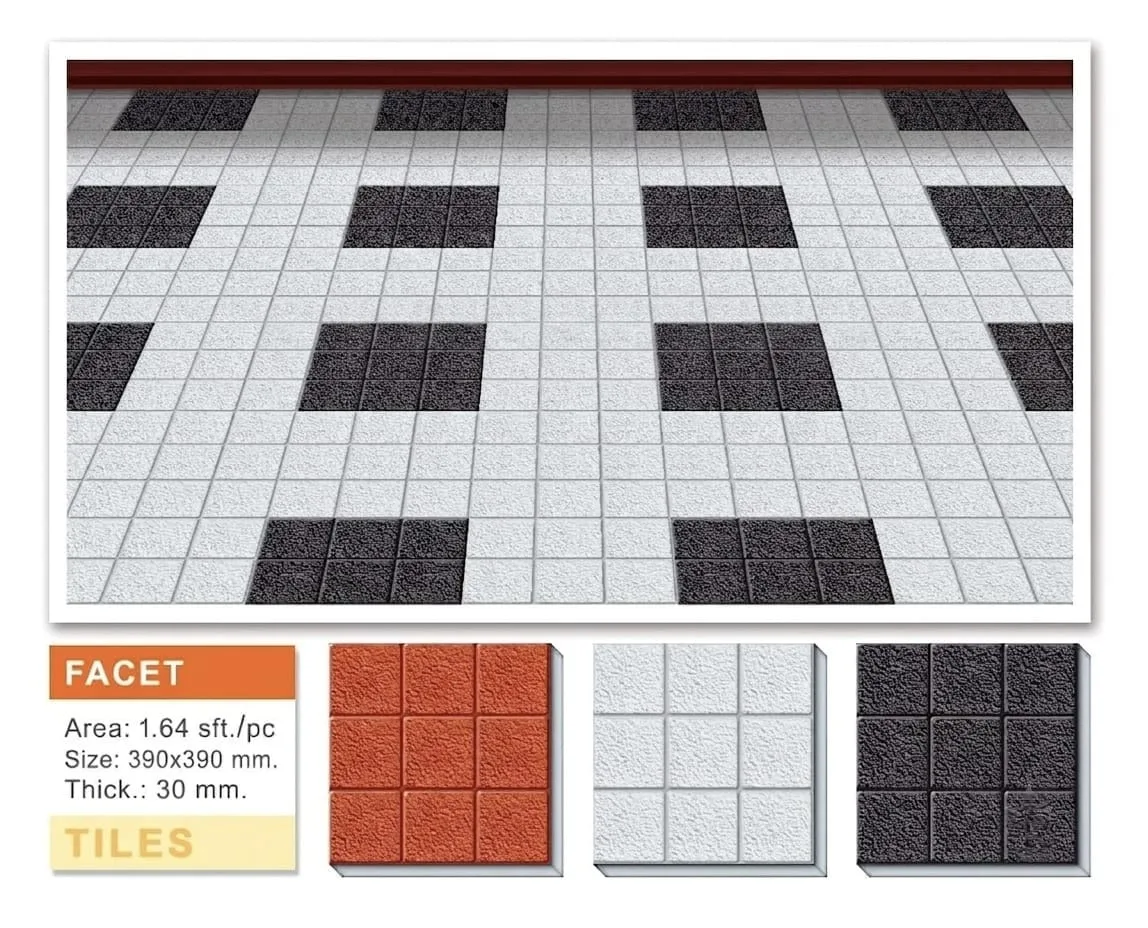 Facet concrete paving tiles in white and charcoal grid pattern