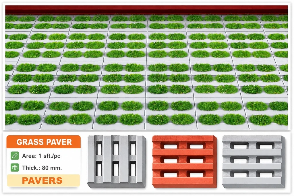 Grass Paver product layout with grass slots, 1 sft/pc area and 80 mm thickness specifications